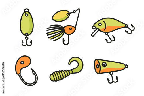 Variety of fishing lures, artificial baits, and hooks for freshwater and saltwater angling activities