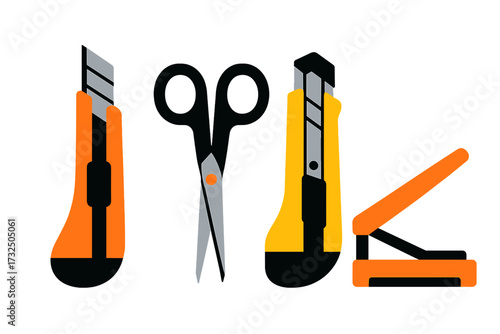 Collection of essential office and craft tools including utility knives, sharp scissors, and a sturdy stapler