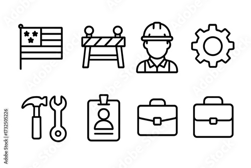 Labor Day icon collection. Line style vector set of work and employment symbols. Includes construction worker, gear, job tools, briefcase, ID badge, and American flag.