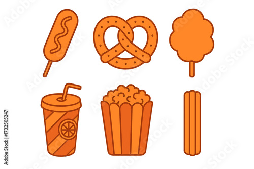 Collection of popular fairground and carnival snack foods including corn dog, pretzel, cotton candy, popcorn, soda, and churro