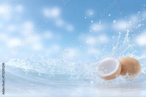 ココナッツ 水しぶき 青空背景の鮮やかな夏のイメージ