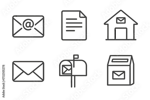 Mail icon set in thin line style. Vector collection of email, letter, post office, mailbox, and document symbols. Communication, message, and correspondence outline icons. Simple.