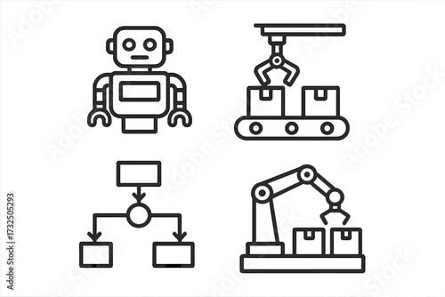 Mass production line icons set. Robot, productive workflow, industrial automation, and manufacturing process concepts. Vector illustration of factory technology and machinery.