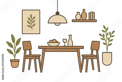 Modern dining room interior set. Vector illustration of furniture for home decor. Scandinavian style kitchen with table, chairs, lamp and plants. Cozy living space concept.