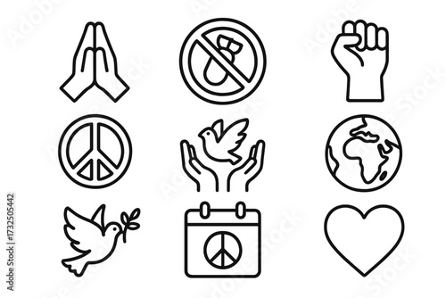 Peace line icons collection. Vector set of anti-war, freedom, and harmony symbols. Includes dove, love heart, earth, no bomb sign, pray hands, protest fist for peace day.