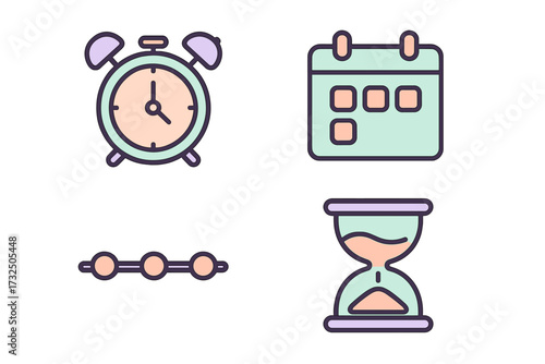 Modern flat design icons for time management, scheduling, and planning with alarm clock, calendar, timeline, and hourglass symbols