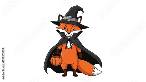 Fox in Halloween costume: A charming fox, donned in a classic witch costume and clutching a jack-o'-lantern, brings festive joy to the holiday season.