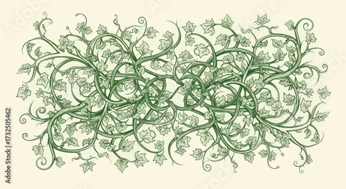 Intertwined, detailed green vines with leaves on a creamy background