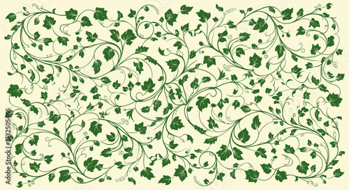 Green ivy, leaves and vine scrolls, on a cream background