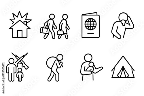 Refugee and immigrant line icon set. Symbols for war, conflict, crisis, displacement, and migration. Vector graphics for concepts like humanitarian aid, asylum, and social issues.