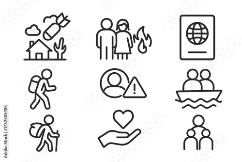 Refugee line icon set. War conflict crisis. Immigration migrant help collection. Vector. Passport asylum family. Boat people displacement. Humanitarian aid. Bombing home.