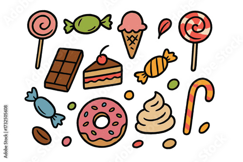 Set of various color doodles, hand drawn simple sweets and candies. Vector cartoon illustration collection of dessert icons like cake, donut, chocolate, lollipop and ice cream.