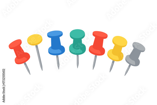 Assortment of colorful office supplies pushpins and thumbtacks for pinning notes and documents on a bulletin board