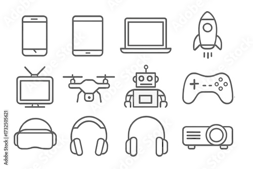 Technology linear icons collection. Gadgets and devices vector set. Phone, tablet, laptop, startup rocket, television, drone, robot, game controller, vr, headphones, projector.