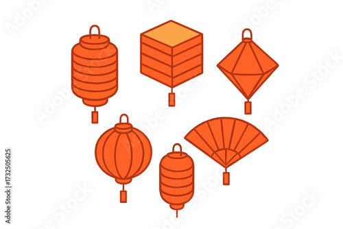 Traditional Asian celebration lanterns and decorative fan elements set for cultural events and festive decorations