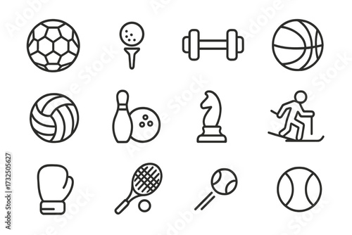 Sport icons set in thin line style. Vector collection for web and mobile. Football, golf, gym, basketball, volleyball, bowling, chess, skiing, boxing, and tennis pictograms.