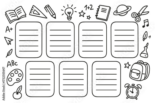 School timetable template for students. Weekly schedule planner for kids. Vector illustration with hand drawn doodle school supplies. Back to school educational organizer page.