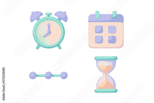 Soft pastel colored 3D icons representing time management, scheduling, deadlines, and progress tracking concepts