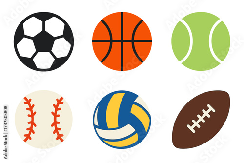 Variety of iconic sports balls for popular athletic games and recreational activities, including soccer, basketball, tennis, baseball, volleyball, and American football