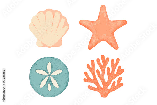 Assortment of marine life elements featuring a seashell, starfish, sand dollar, and coral on white background
