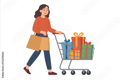 Woman shopping with cart full of colorful gift boxes and paper bags, modern female shopper pushing trolley filled with presents in supermarket or mall, happy shopping concept
