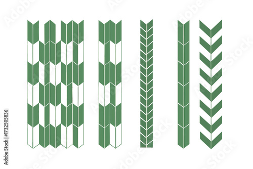 Abstract geometric green arrow shapes pattern vector design elements, seamless structured arrowhead motifs, modern graphic decorative collection, transparent background