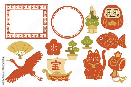 Traditional Japanese symbols vector set including Maneki Neko lucky cat, Daruma doll, bonsai, crane, koi fish, fan, treasure ship, plum blossom, festive decorations, cultural icons