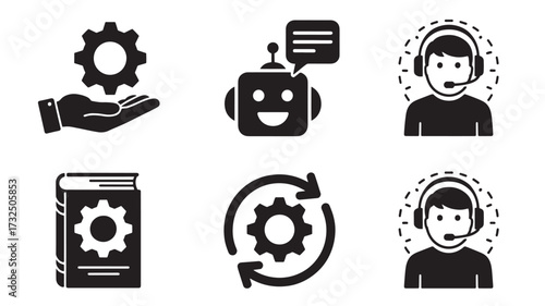 Vector art of set of icons representing customer service, automation, and technology