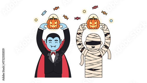 Spooky Companions with Spooky Pumpkins: Delightful illustrations showcase a vampire and a mummy joyfully celebrating Halloween.
