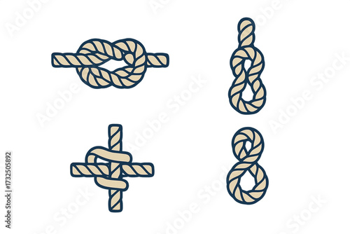 Collection of various rope knots including square knot, figure eight, and cleat hitch for nautical design and maritime themes
