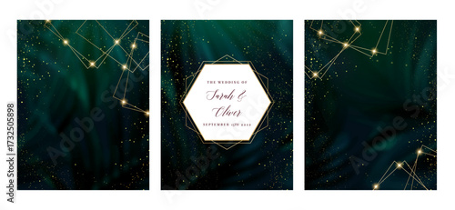 Dark greenery exotic foliage vector background. Black blue tropical trees wedding invitation. Leaves card texture. Golden line crystal art. Island style save the date. Elegant outdoor party template