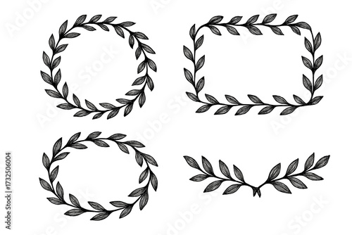 Elegant hand-drawn black leaf wreaths and frames set, botanical floral vector illustration with transparent background, decorative nature elements, circular and rectangular borders for design