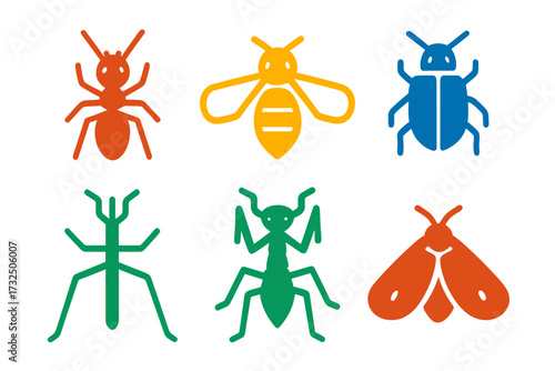 Colorful insect and bug set with stylized ant, bee, beetle, stick insect, mantis, and moth