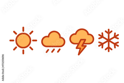 Essential weather forecast icons set featuring sun, rain, storm, and snowflake symbols for various conditions