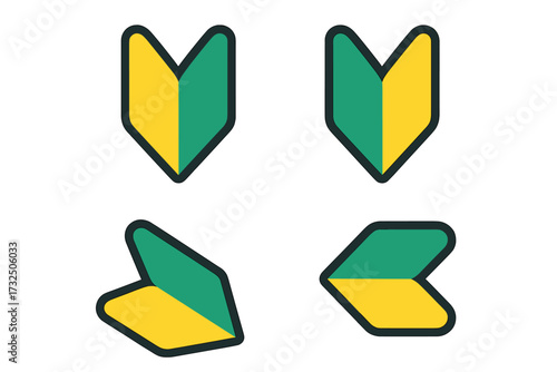 Set of four beginner driver arrow badges vector illustration, beginner driver mark icons collection, green and yellow chevron symbols, Japan learner driver signs