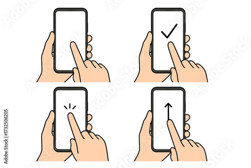 Vector illustration of smartphone touch gestures set with hand holding phone, tapping, confirming, clicking, and swipe up actions, transparent background