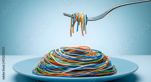 A playful conceptual art piece featuring colorful network cables arranged like spaghetti on a plate.
