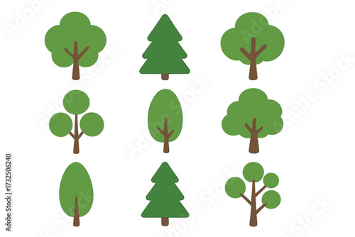 Sustainable Development Goals vector illustration set, green eco trees icons, environmental conservation symbols, transparent background, nature protection concept, editable SVG design pack