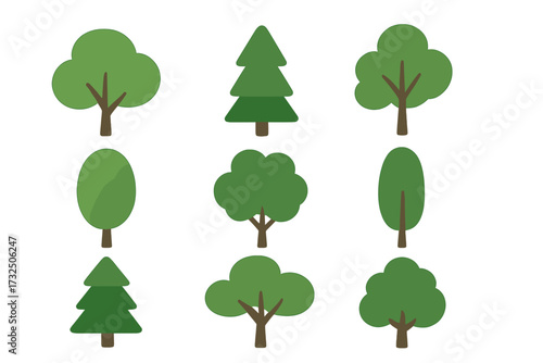 Set of simple green tree icons vector illustration with transparent background, various tree shapes, forest elements, eco-friendly concept, nature symbols for design and environmental graphics