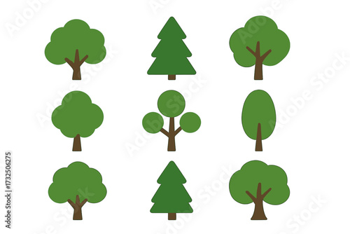 Vector illustration of nine simple green trees with brown trunks in various styles, flat design clipart set, nature and environment icons, eco-friendly concept, transparent background