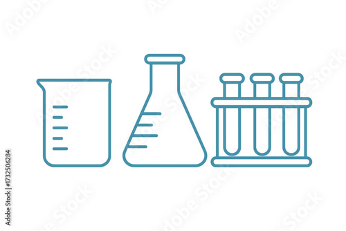 Essential chemistry laboratory equipment including measuring beaker, conical flask, and test tube rack