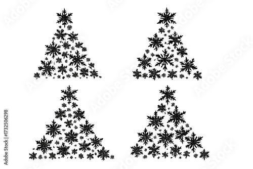 Abstract black snowflake pattern forming Christmas tree shapes, symmetrical winter holiday decorations, set of ornate seasonal vector illustrations with transparent background