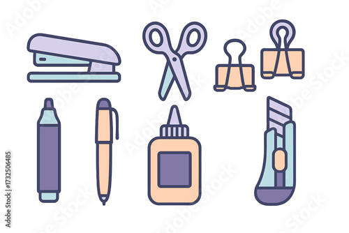 Various essential office and school supplies: stapler, scissors, glue, pen, marker, and utility knife