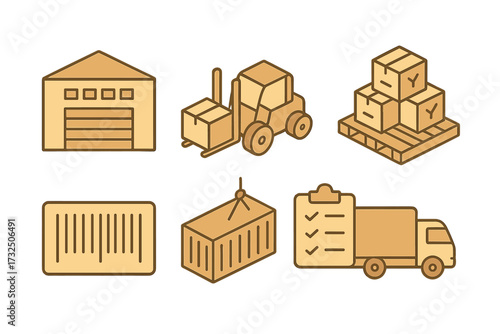 Logistics and shipping operations with warehouse, forklift, cargo containers, pallet of boxes, and delivery truck