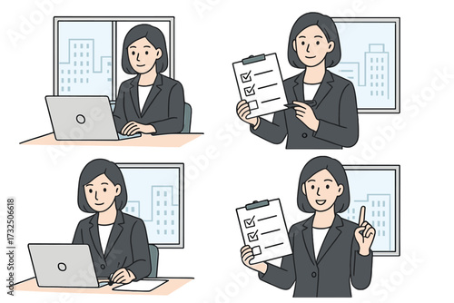 Professional businesswoman working on laptop and presenting checklist, office window background, productivity, planning, office tasks, business concept, corporate woman illustration