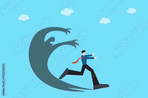 Businessman Running from Shadow Monster – Stress, Anxiety, and Business Pressure Concept