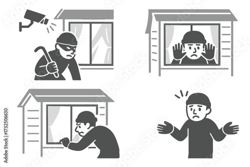 Burglar caught on home security camera breaking window with crowbar, thief trapped inside house trying to escape, home theft and burglary prevention concept vector illustration set
