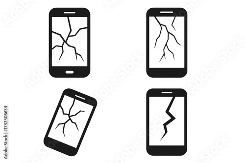 Cracked smartphone screen vector illustration set with transparent background, different broken phone designs, shattered display icons, mobile device damage concept