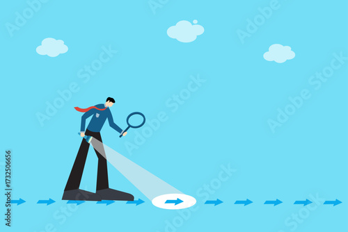 Businessman Searching for Direction with Flashlight and Magnifying Glass – Strategy, Vision, and Market Research Concep