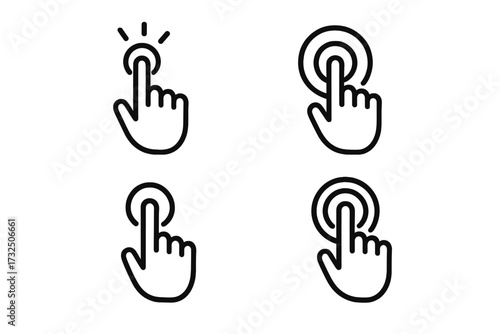 Hand cursor icon set with finger tapping, clicking, and touch gesture, touchscreen interaction symbols, user interface buttons, digital device hand pointer, vector illustration